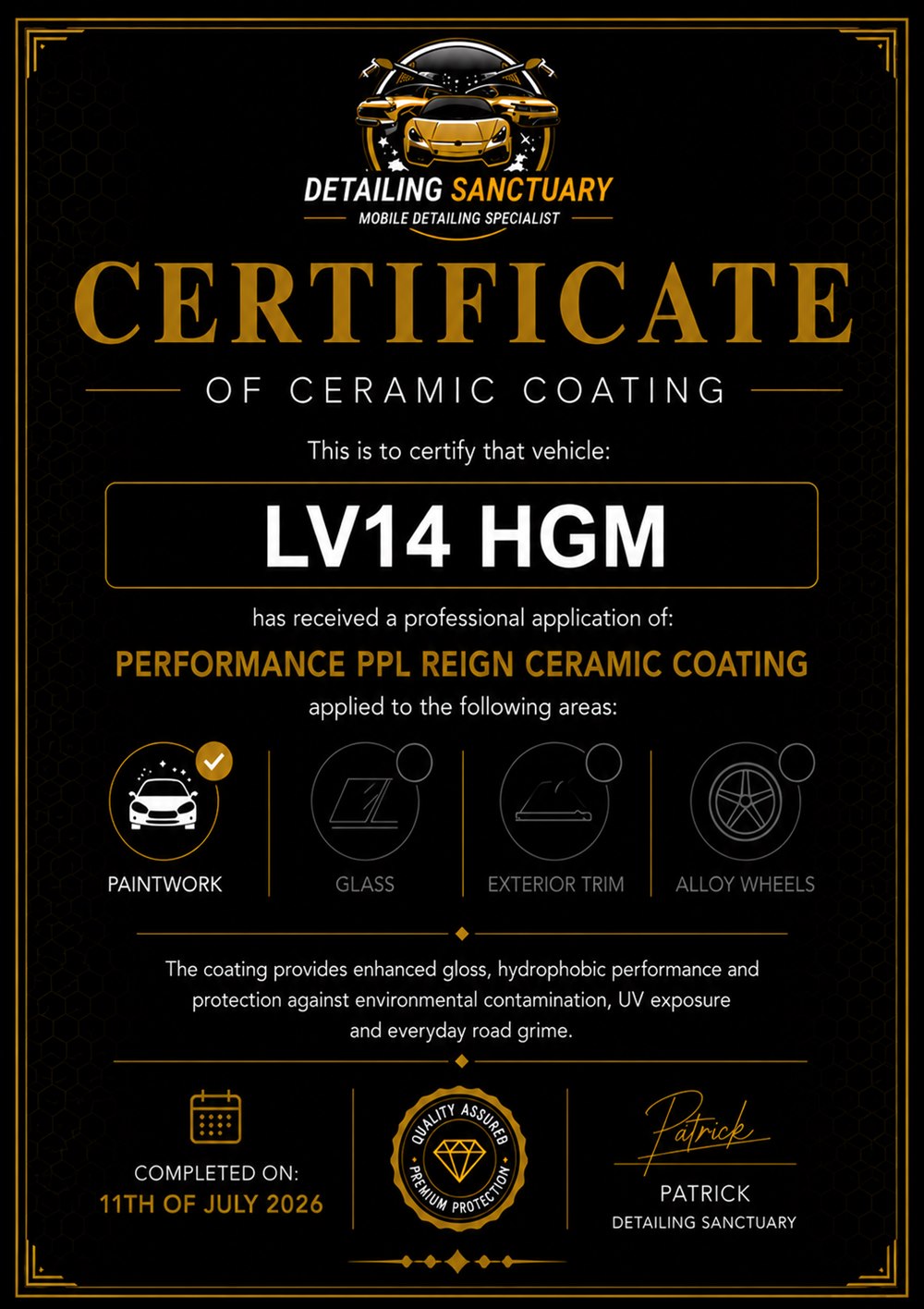 Ceramic coating certificate issued by Detailing Sanctuary