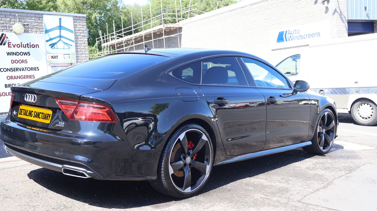 Black Audi A7 Sportback detailed at a workplace car park in Birmingham