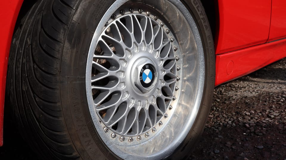 Detailed wheel showing the level of finish applied to motorbike wheels and hubs