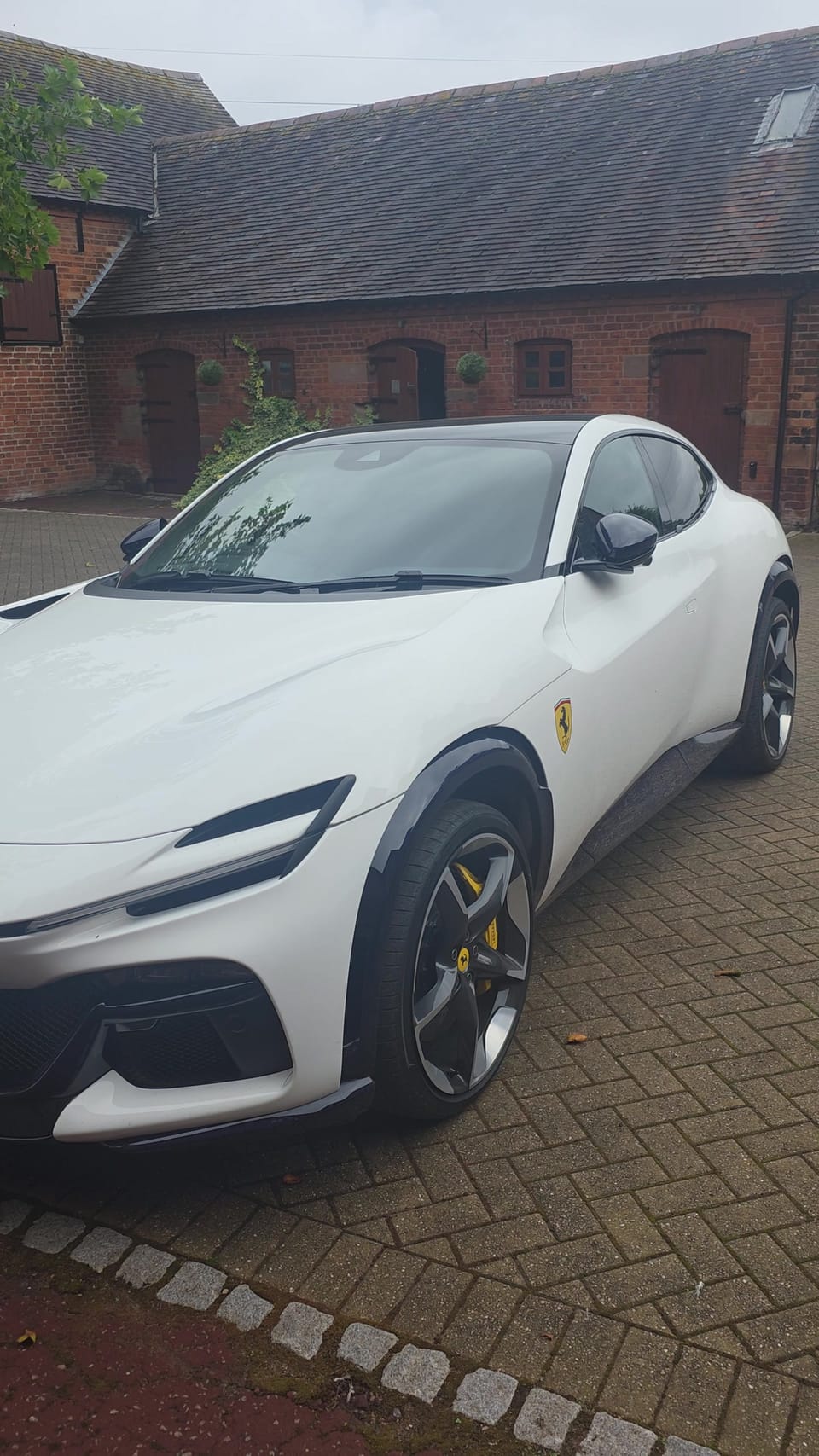 The Purosangue after its maintenance valet, front three-quarter, on the owner's driveway