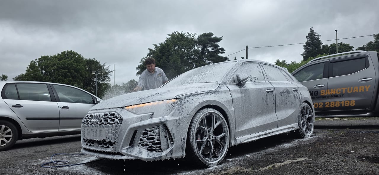 Snow foam decontamination stage during a mobile detail in Wolverhampton