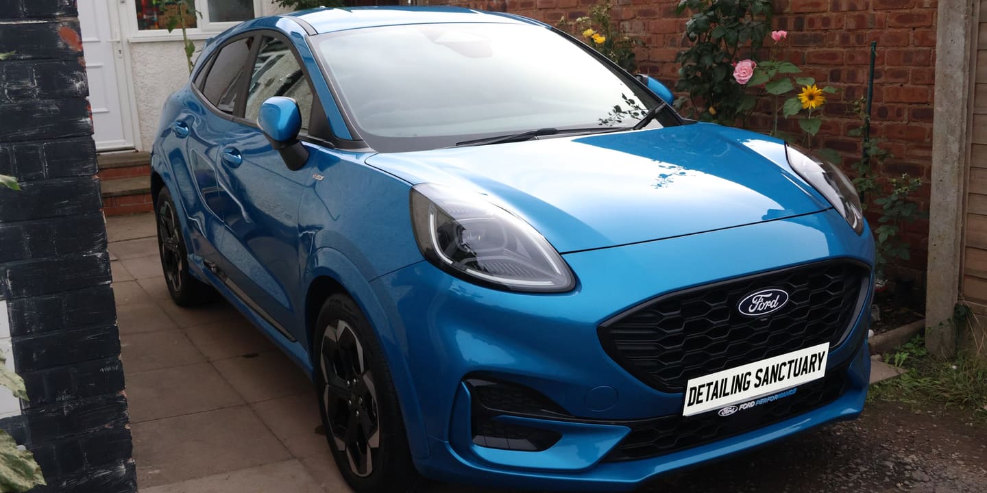 Blue Ford Puma ST-Line after a detail on a driveway in Wolverhampton