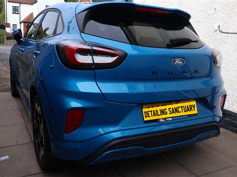 Blue Ford Puma ST rear quarter with protected paintwork