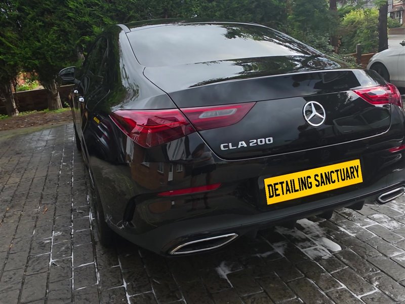 Black Mercedes CLA 200 rear view after a maintenance valet